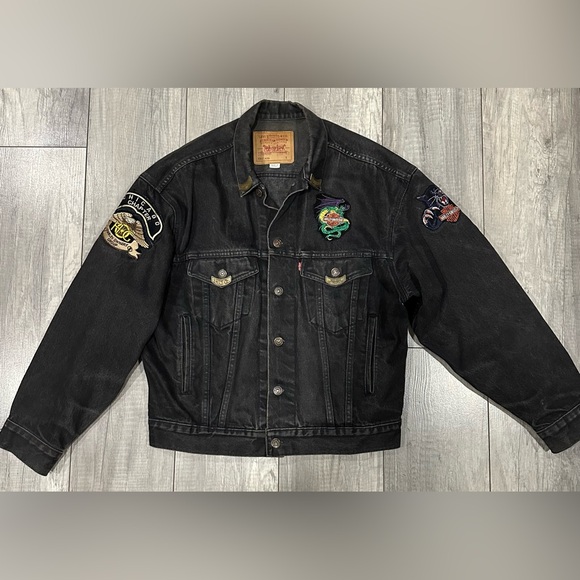 Rare VTG Levi’s Black Denim Jacket Harley-Davidson HOG Eagle Embroidered Patches - Picture 8 of 15